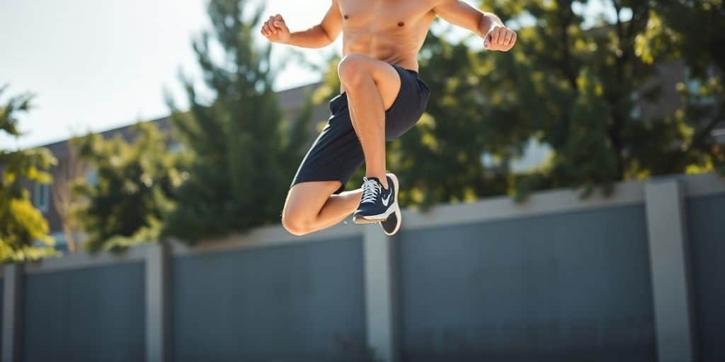 Person doing jumping jacks with energetic motion.