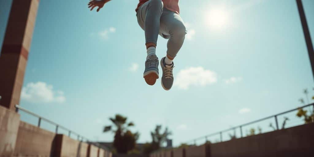 Person doing jumping jacks outdoors.