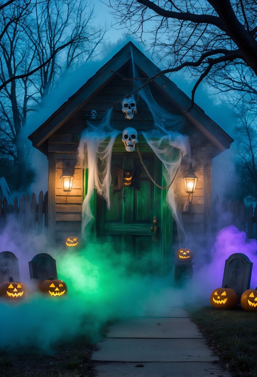 Entrance to a haunted house with fog, spooky decorations, and Halloween props for a horror-themed birthday party.