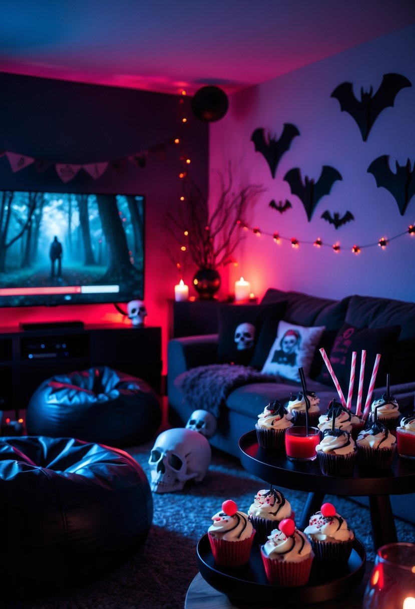 A cozy corner decorated for a horror movie marathon birthday party with themed snacks, spooky decorations, and a large TV screen.