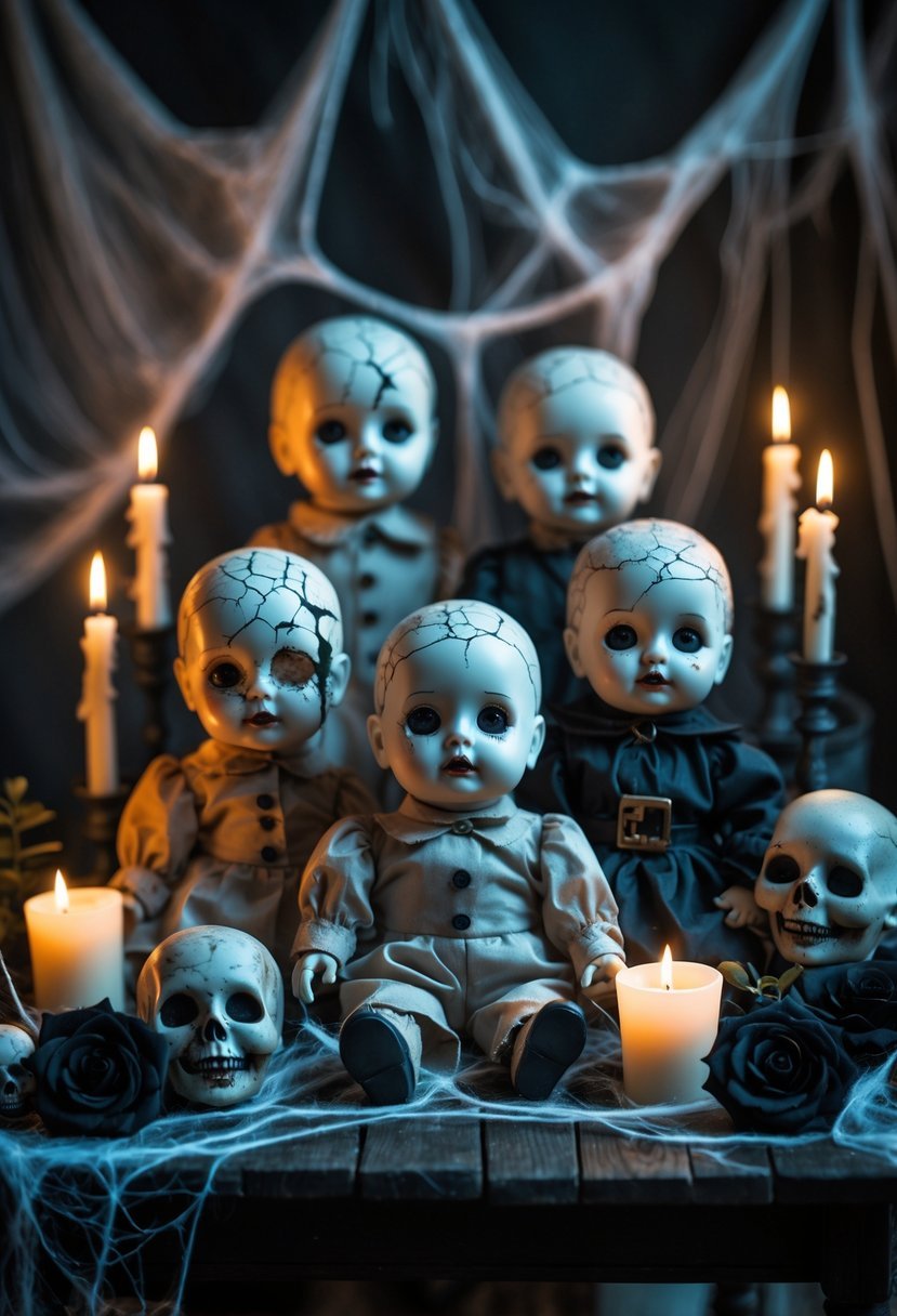 A table display of creepy vintage dolls with cracked faces, candles, cobwebs, and Halloween decorations for a horror themed birthday party.