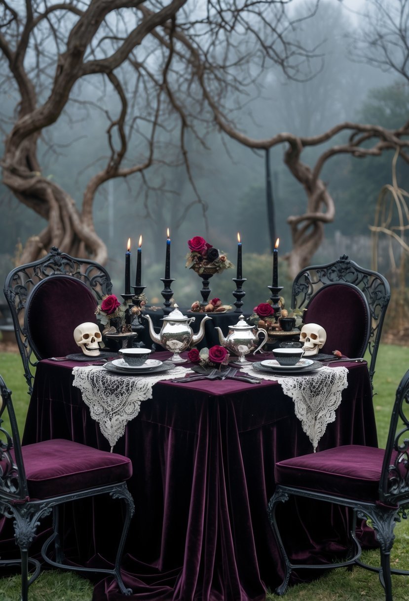 An outdoor tea party table set with dark velvet cloth, antique silver tea sets, candles, skull decorations, and dried roses surrounded by wrought iron chairs and misty garden foliage.