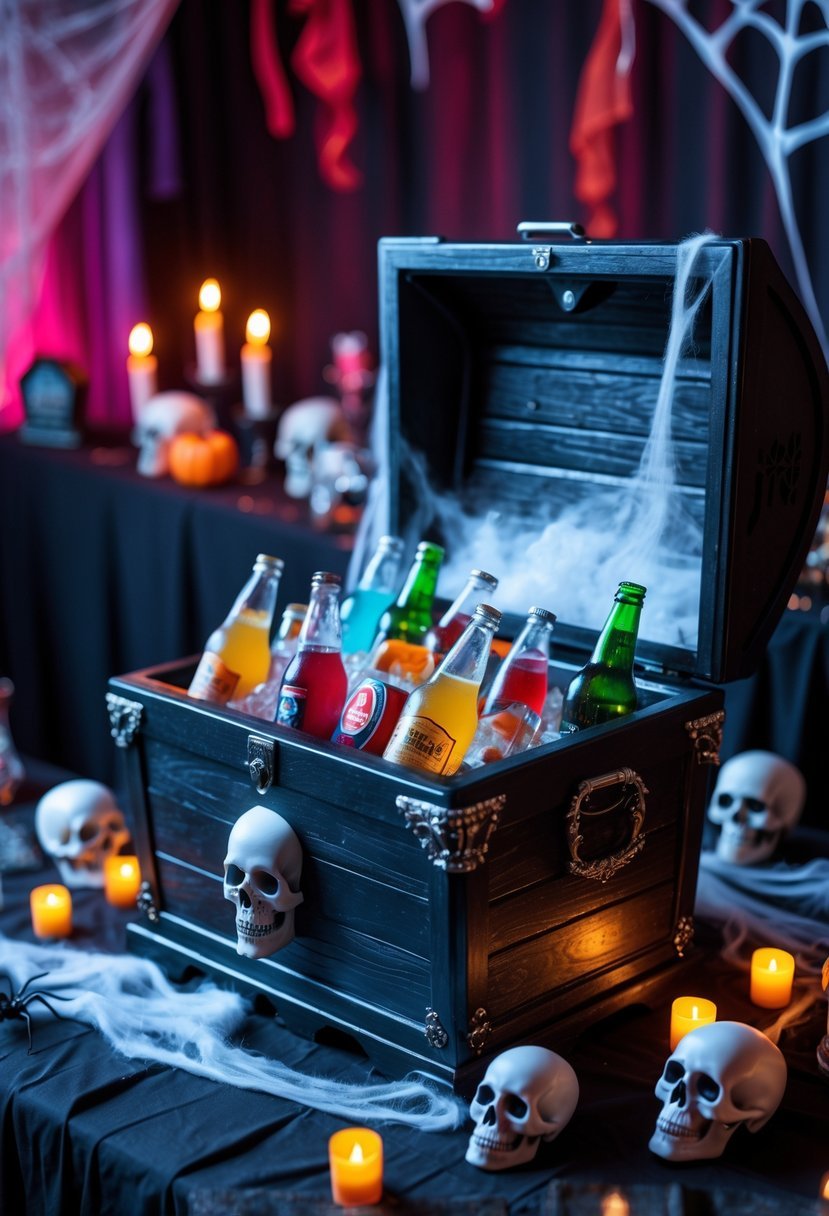A casket-shaped drink cooler filled with bottles and cans surrounded by spooky Halloween decorations on a table.