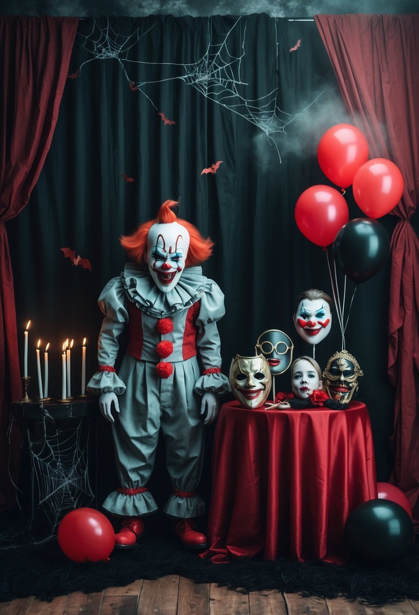 A creepy clown photo booth setup with a sinister clown figure, dark decorations, and horror-themed birthday party props.