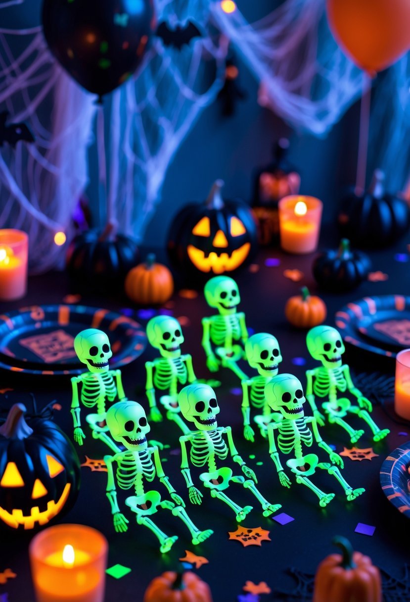 A table decorated with glow-in-the-dark skeleton party favors and spooky birthday party decorations.