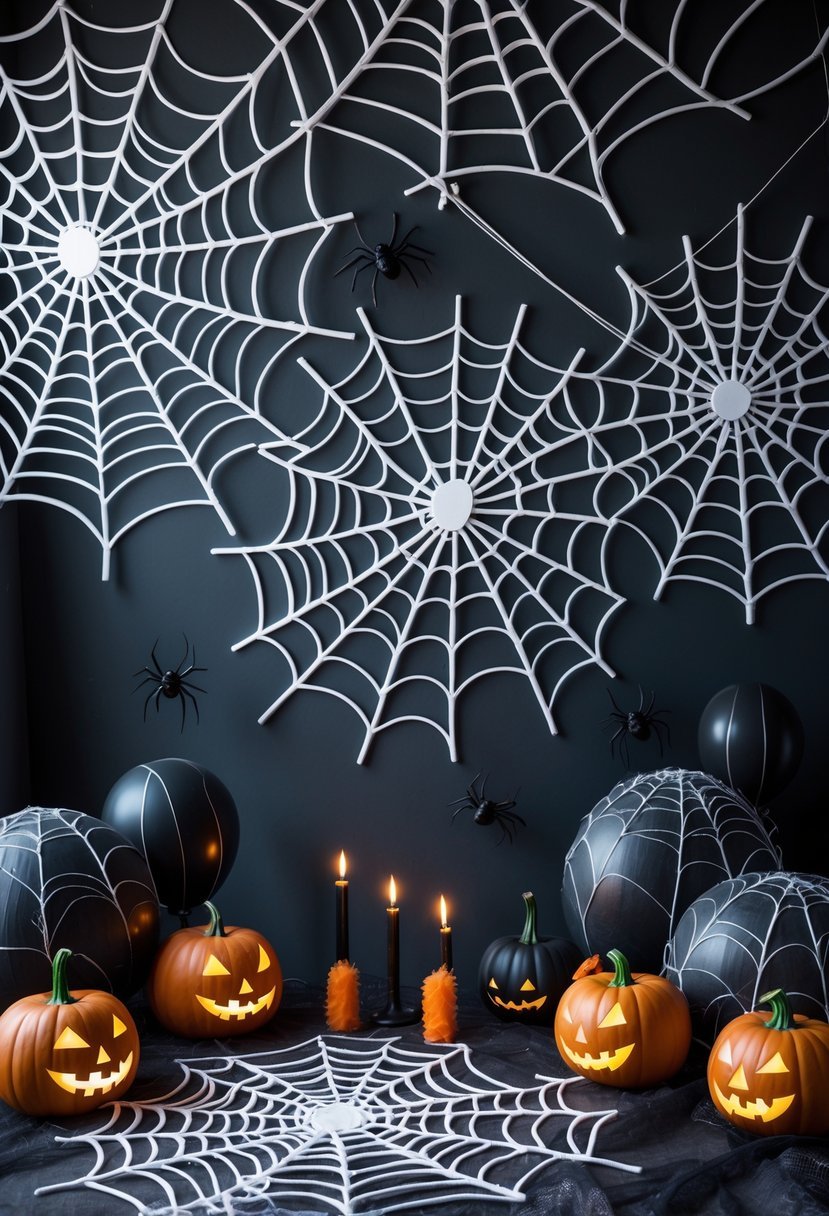 A spooky spider web backdrop with black spiders, Halloween decorations, and dim lighting for a horror-themed birthday party.