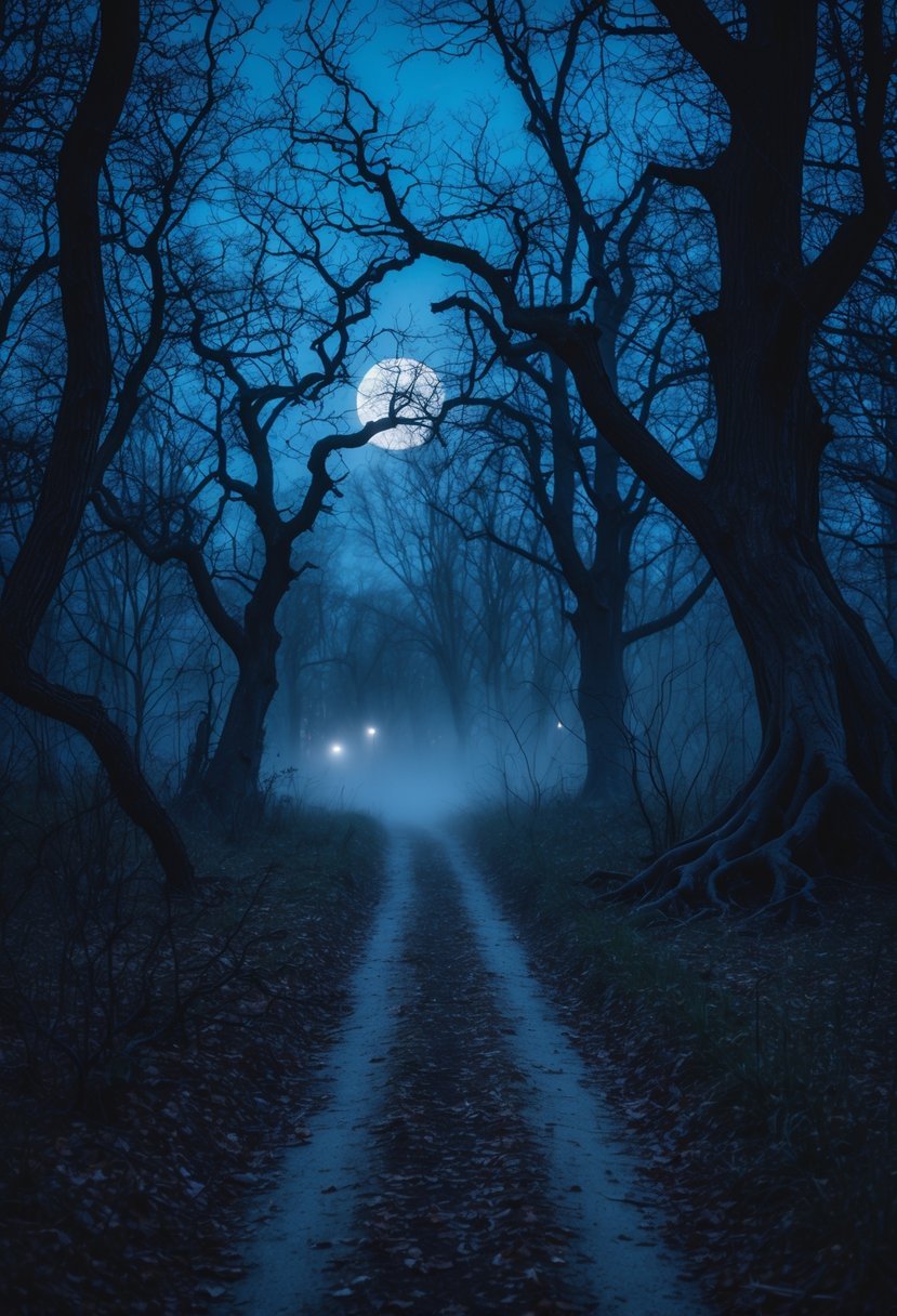 A narrow dirt pathway winding through a dark, foggy forest with twisted trees and faint glowing eyes in the background.