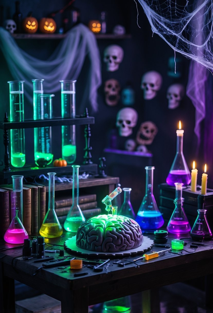 A spooky mad scientist lab setup with glowing test tubes, scientific equipment, and horror-themed birthday decorations including a brain-shaped cake and cobwebs.