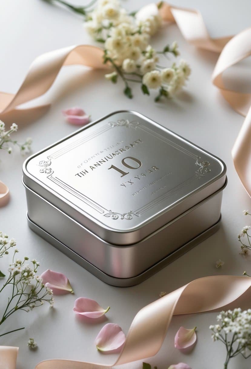 A personalized tin keepsake box surrounded by flowers and a satin ribbon on a neutral background.