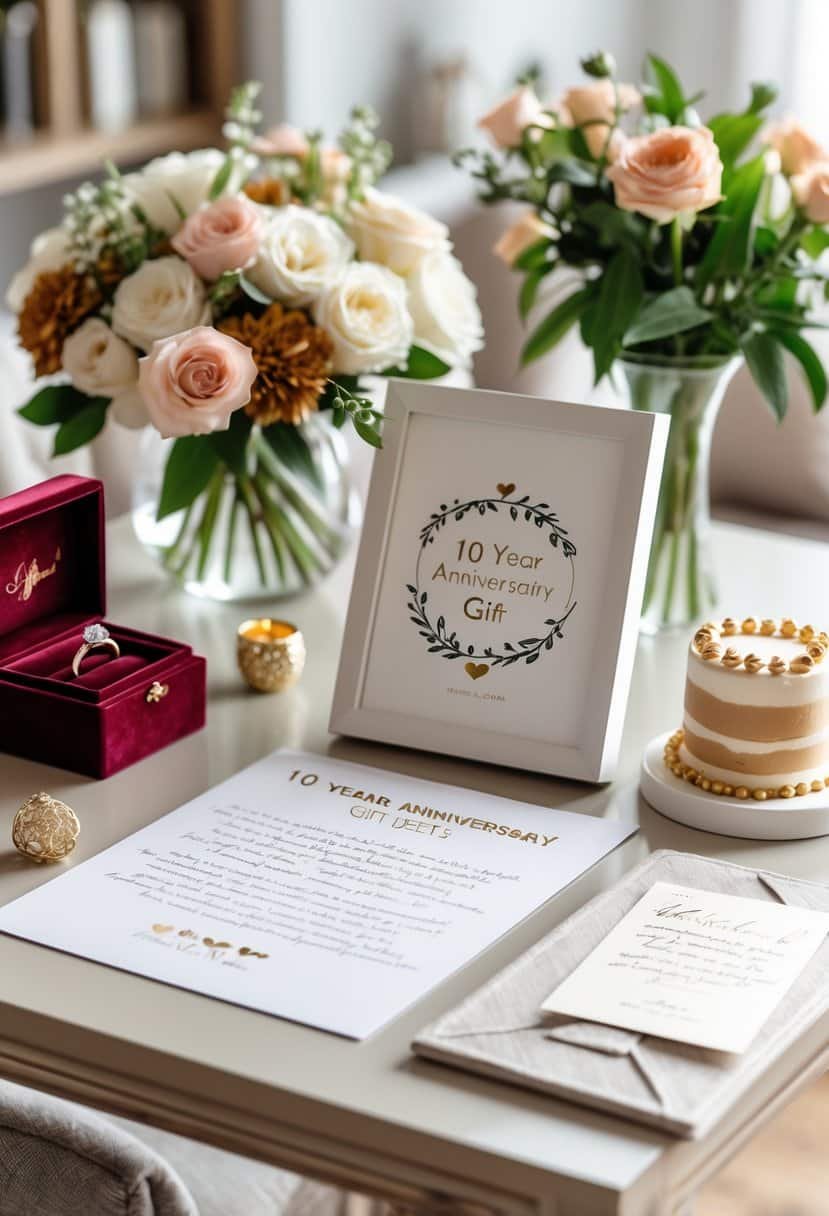 A table displaying custom anniversary art surrounded by flowers, wedding rings, a love letter, and a small anniversary cake.