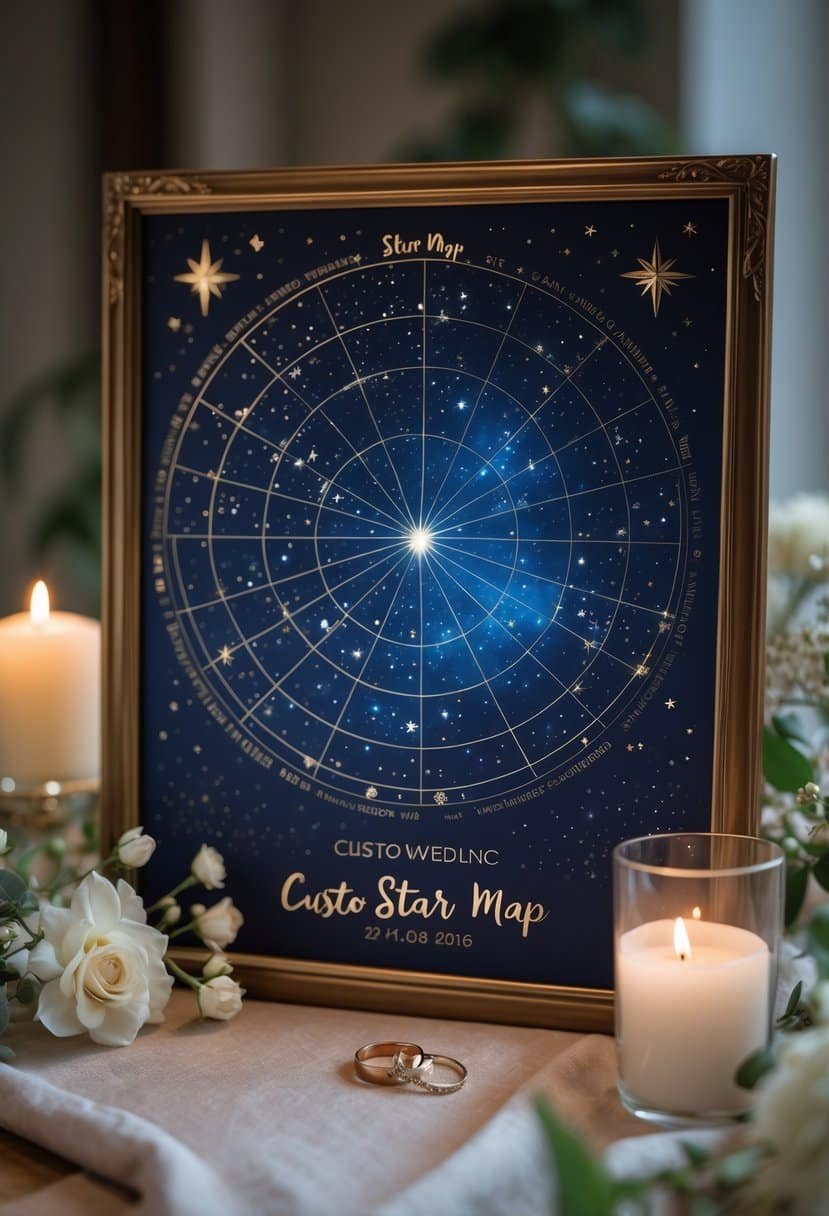 A custom star map on a wooden table surrounded by wedding rings, flowers, and candles.
