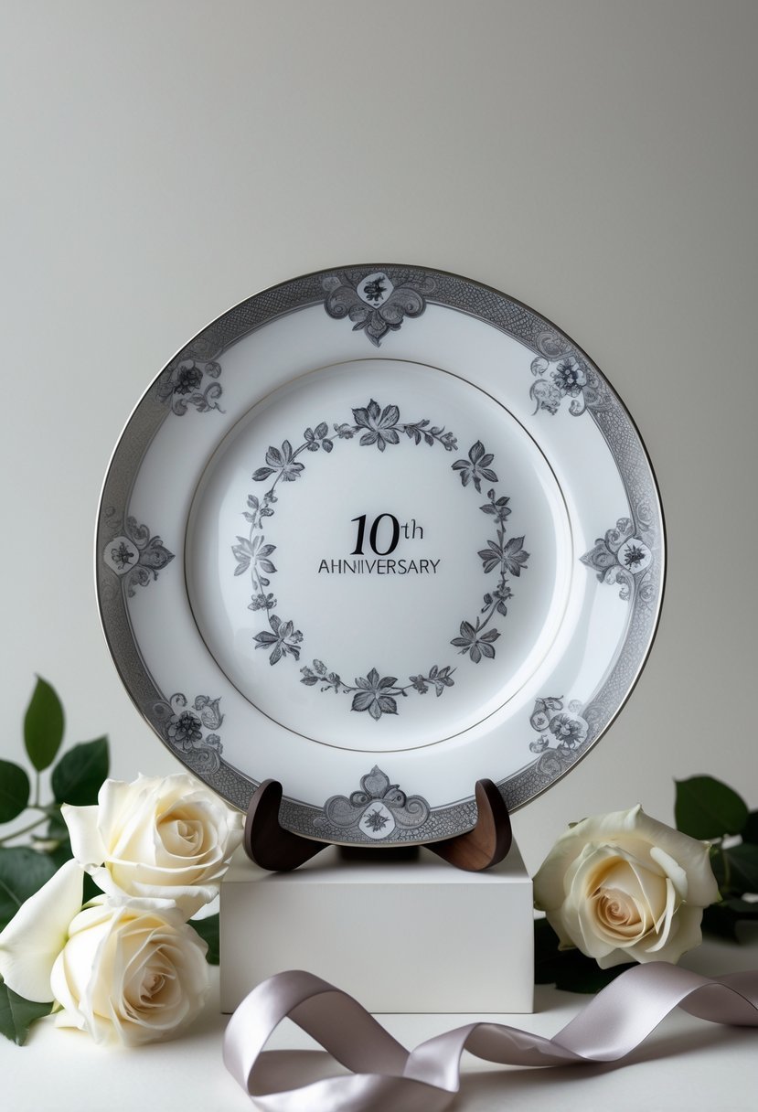 A decorative porcelain plate with floral patterns displayed on a white pedestal surrounded by white roses and silk ribbons.