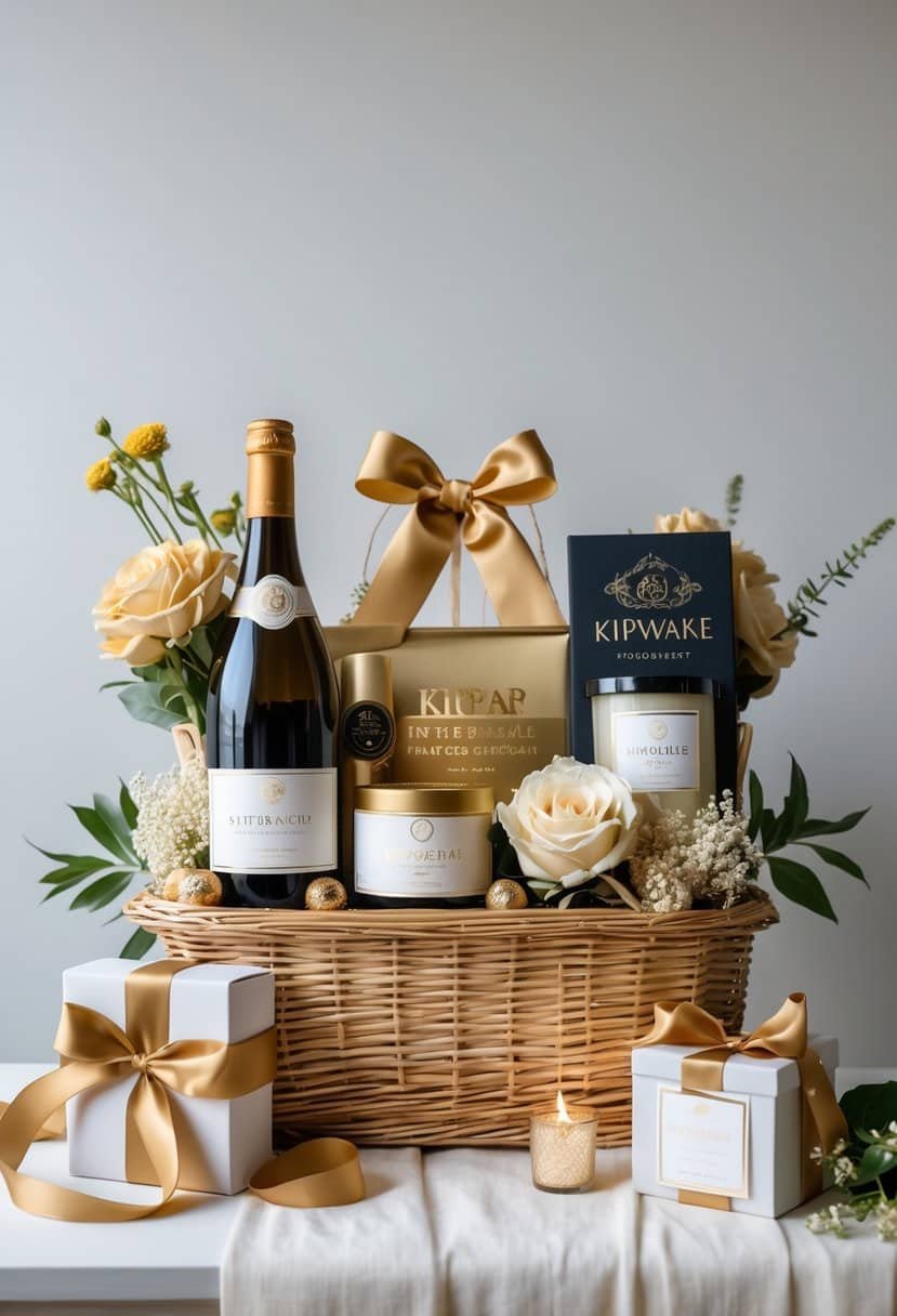 A neatly arranged gift basket containing wine, chocolates, candles, flowers, and a keepsake box on a neutral background.