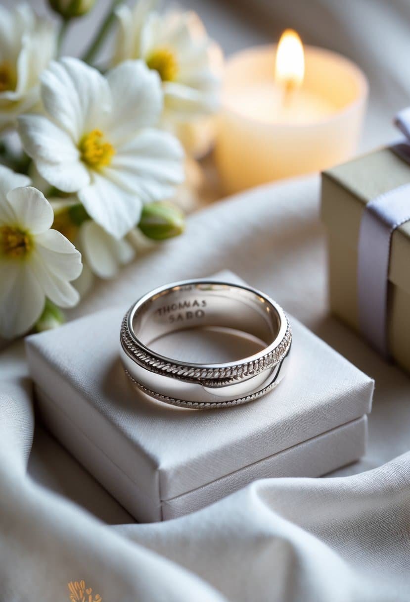 Close-up of a sterling silver ring displayed on soft fabric with white flowers and a gift box in the background.