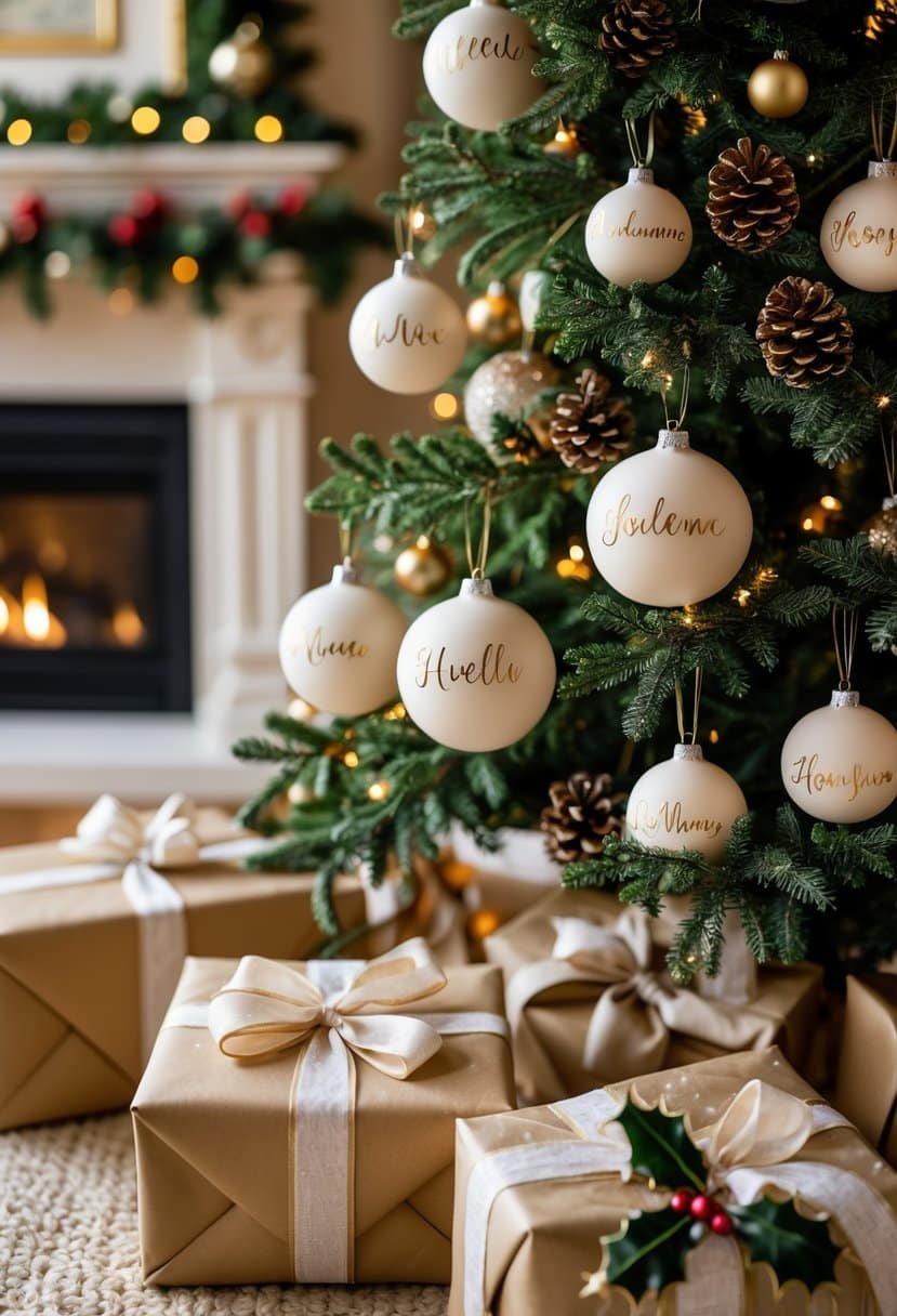 A cozy holiday scene with a decorated Christmas tree featuring personalized ornaments and wrapped anniversary gifts in a warmly lit living room.