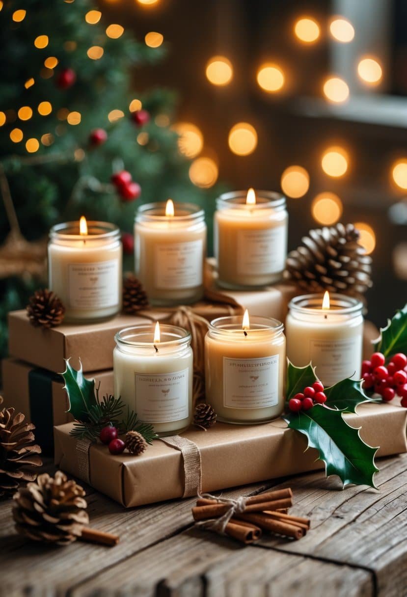 A festive scented candle gift set with holiday decorations arranged on a wooden table.