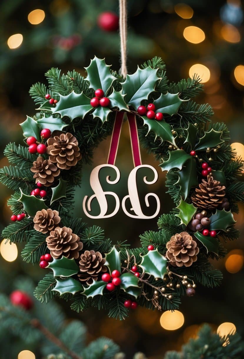 A handmade holiday wreath decorated with pinecones, holly berries, and evergreen branches, featuring two intertwined wooden initials in the center.
