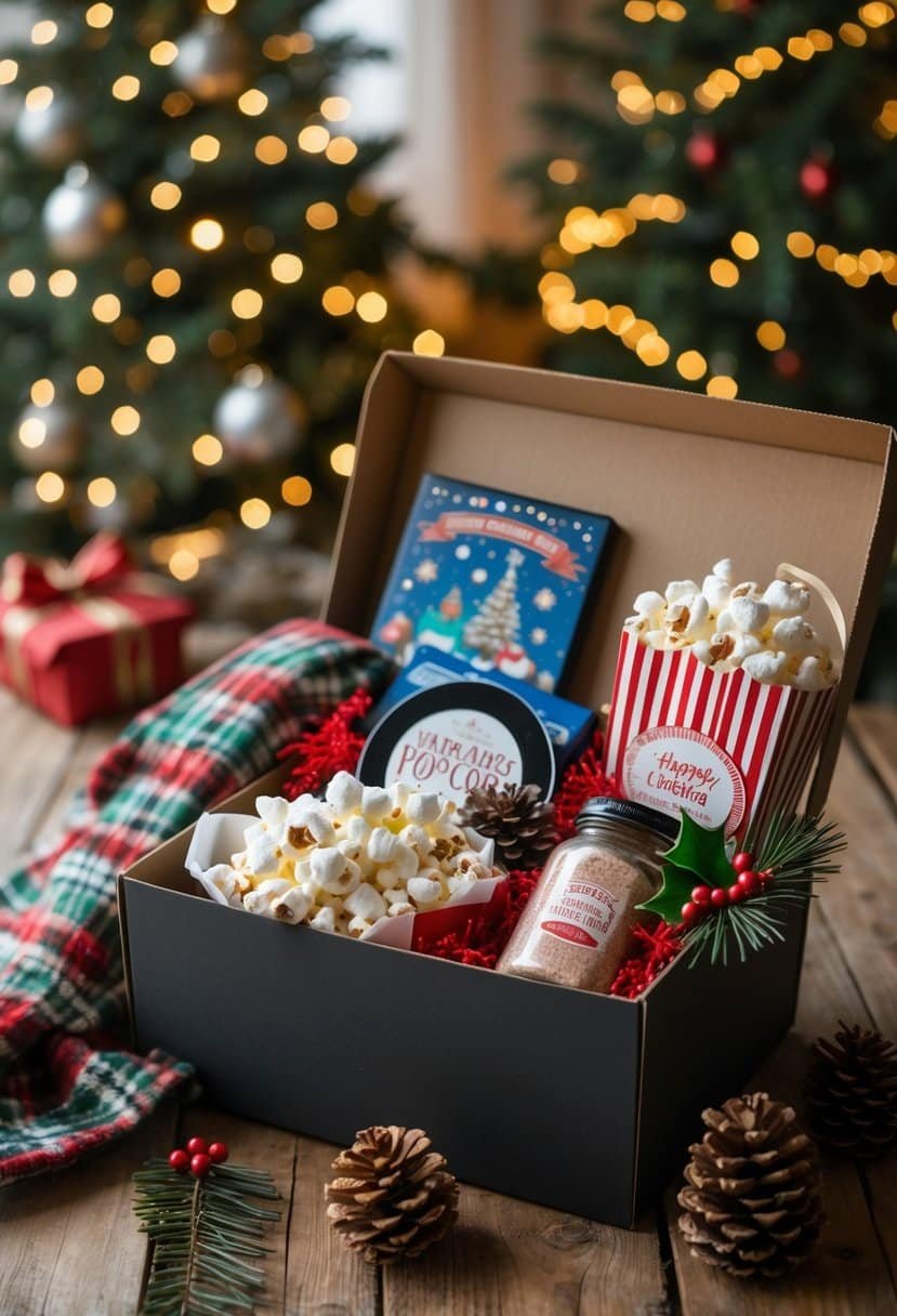 An open gift box on a wooden table containing holiday movie night items like a blanket, socks, popcorn, hot chocolate mix, and holiday decorations with a Christmas tree and lights in the background.