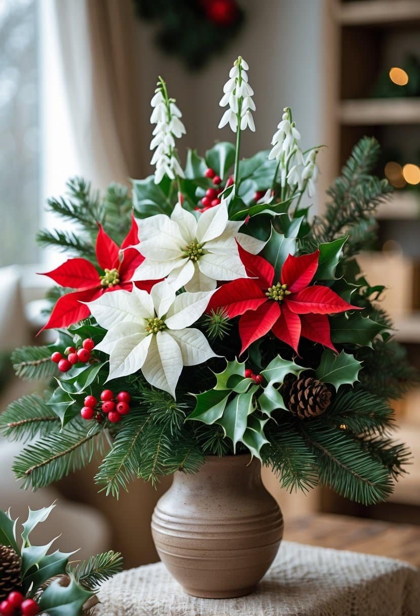A winter flower arrangement with poinsettias, holly berries, pine branches, and eucalyptus leaves in a ceramic vase on a softly lit surface.