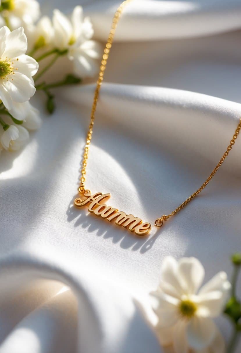 A close-up of a gold name necklace with a delicate chain displayed on white fabric with small white flowers around it.