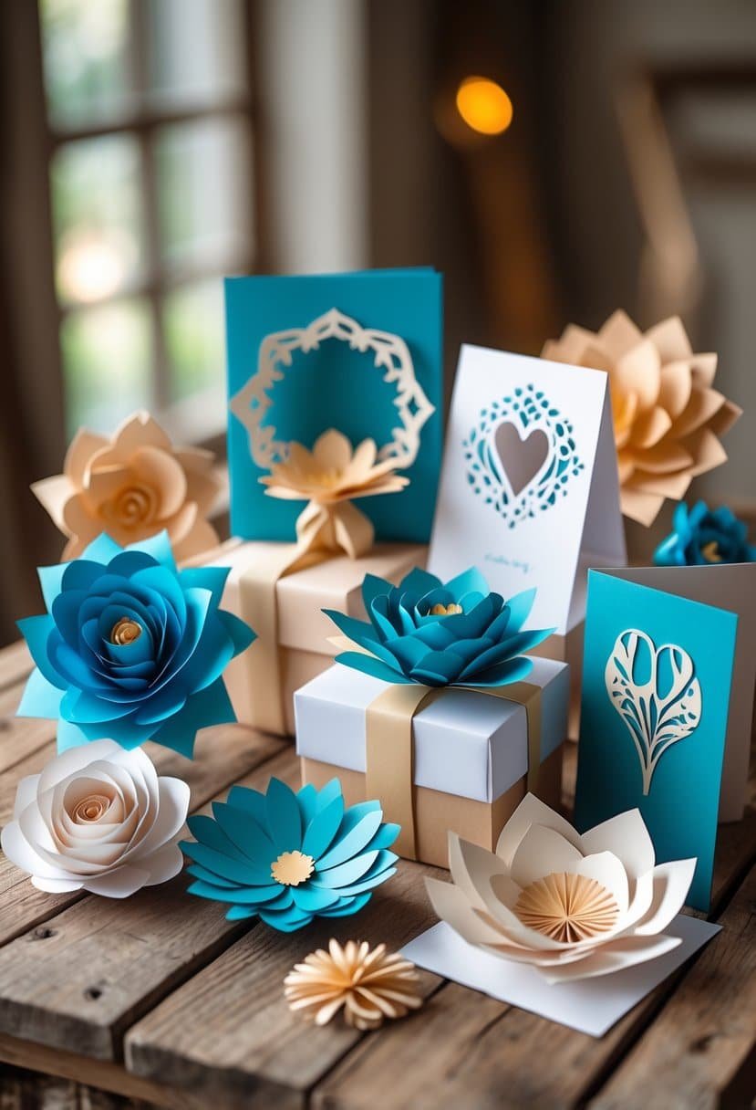 A collection of handcrafted paper art gifts including paper flowers and cards arranged on a wooden table.