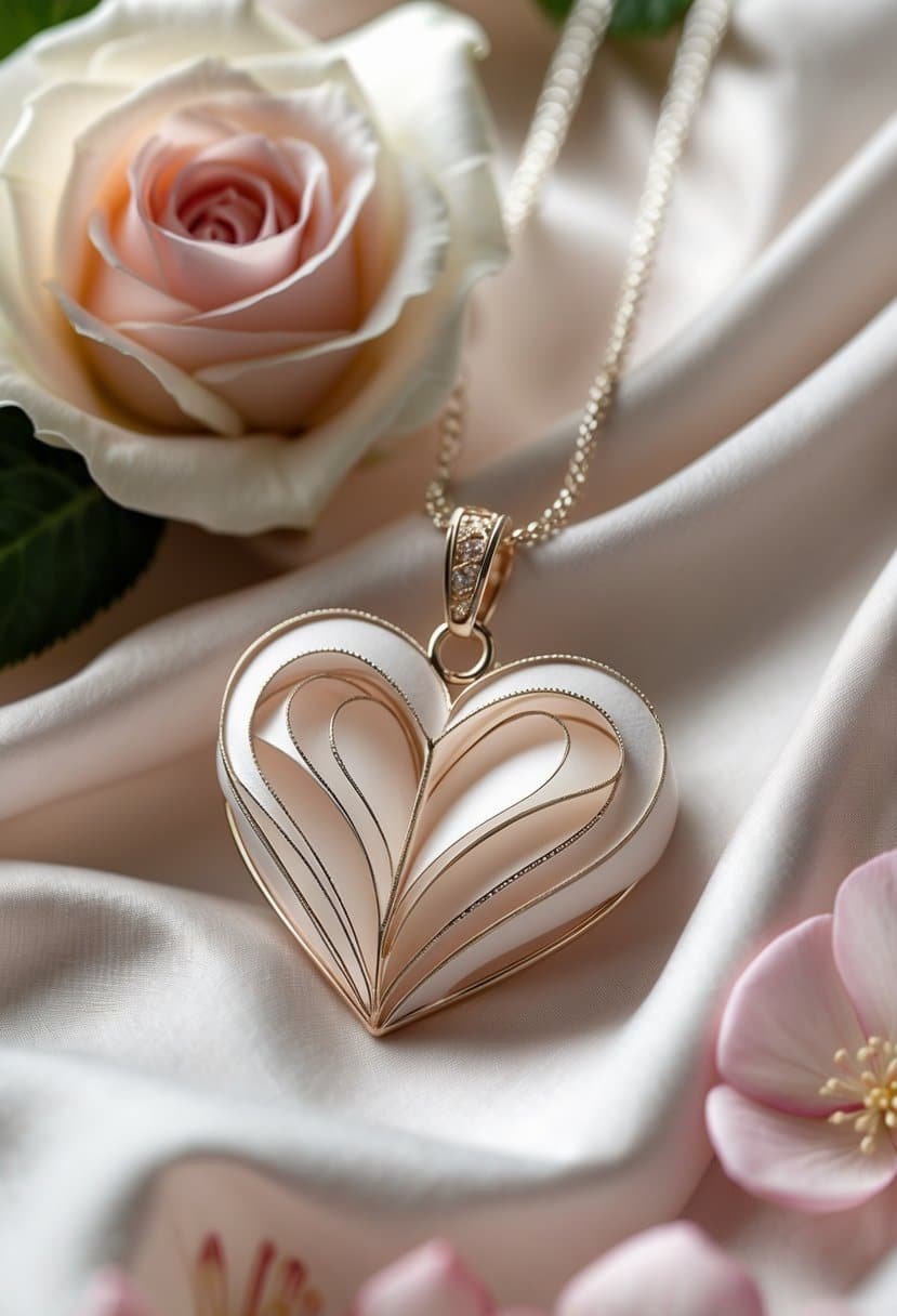 A heart-shaped pendant on a soft fabric background surrounded by rose petals.