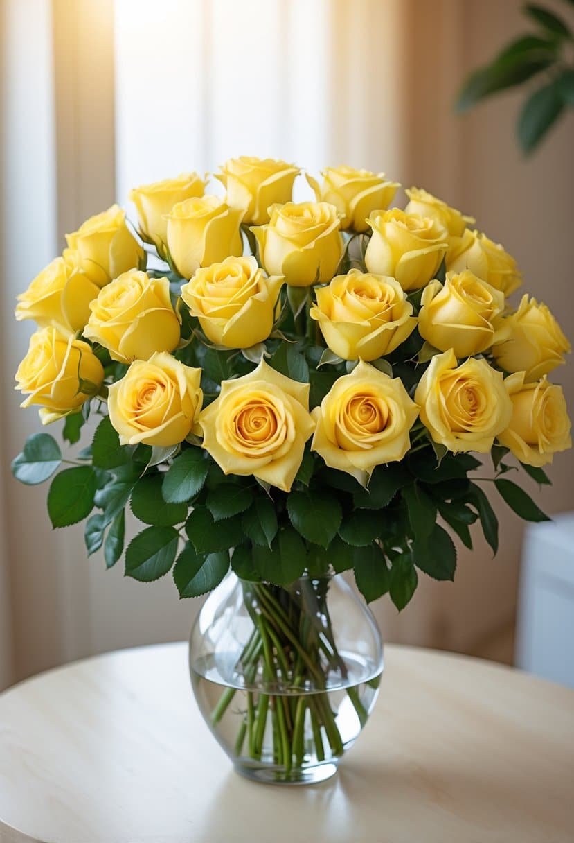 A bouquet of fresh yellow roses in a glass vase on a wooden table with a blurred background.