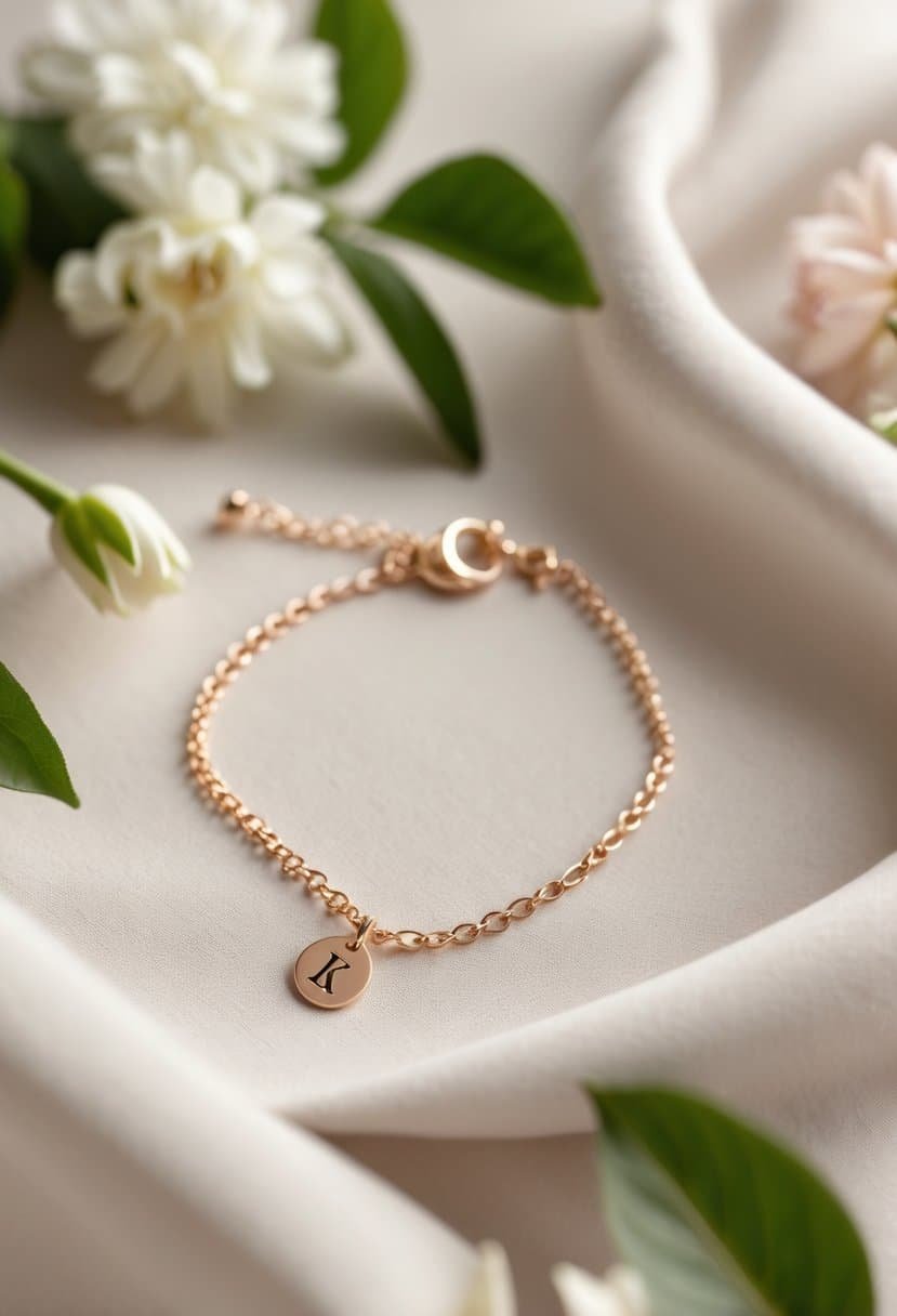 A close-up of a delicate bracelet with an initial charm resting on soft fabric, surrounded by small flowers and leaves.