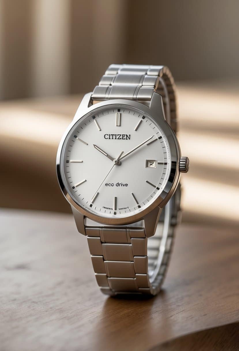 Close-up of a Citizen Eco-Drive wristwatch resting on a wooden surface with a blurred warm background.
