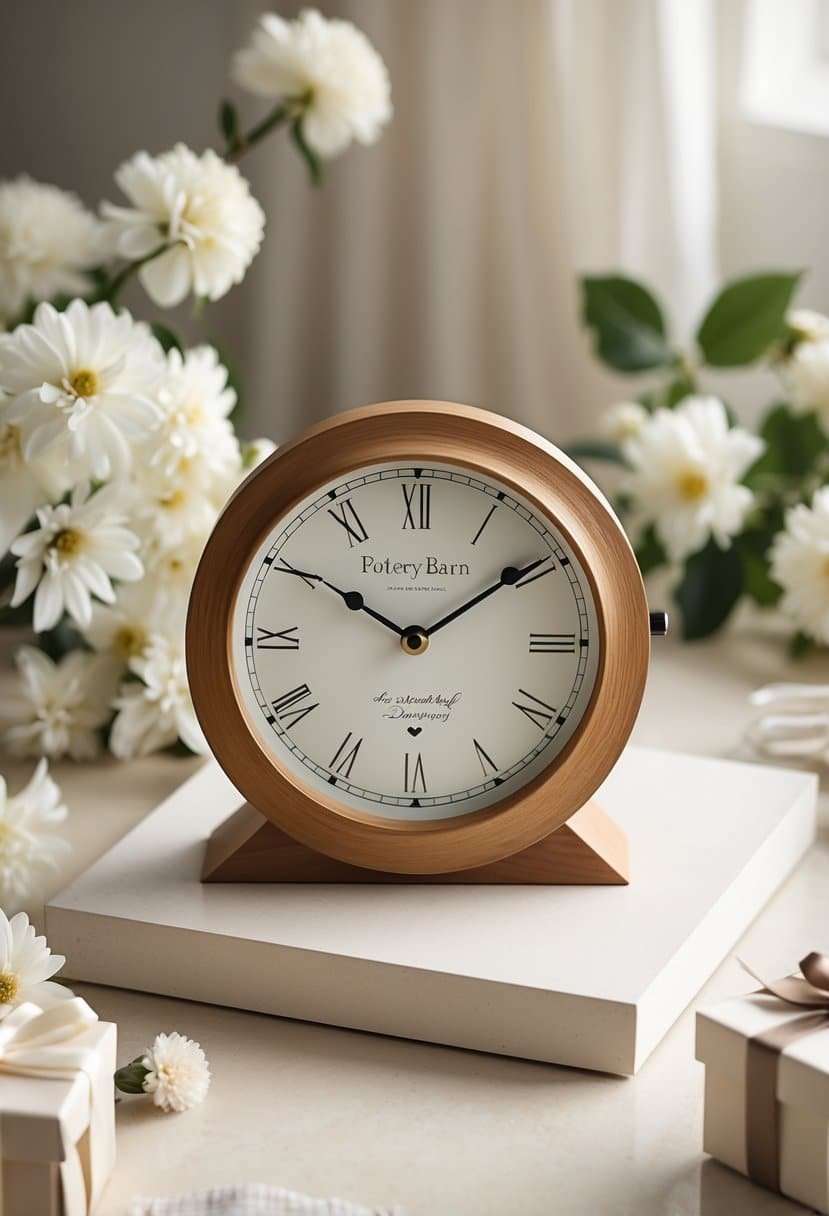 A personalized wooden clock on a light surface surrounded by white flowers and a small gift box.